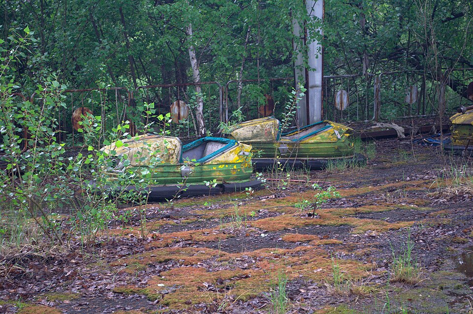 The abandoned bumper cars at Pripyat amusement park near Chernobyl, left untouched since 1986.