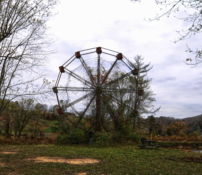 The rusting swing ride at Lake Shawnee haunted amusement park in West Virginia.