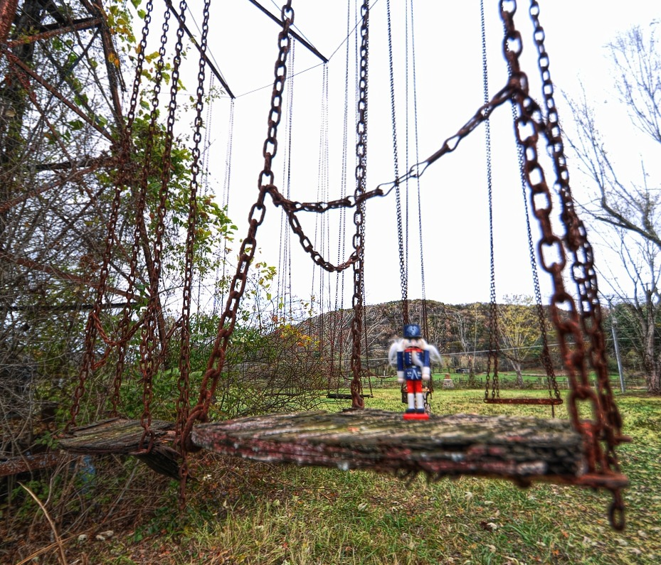Overgrown rusting rides at Lake Shawnee haunted amusement park in Mercer County.